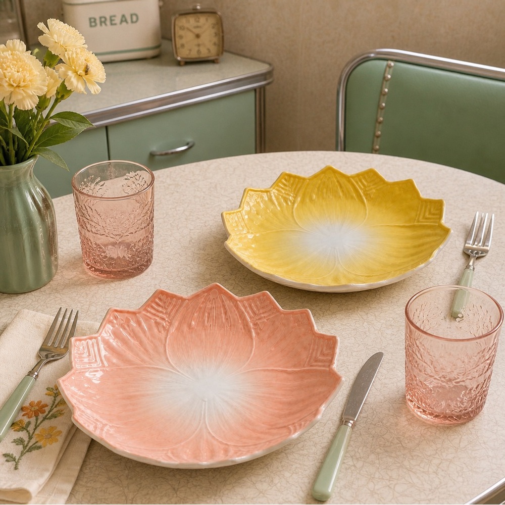 Vintage 1950’s Anchor Hocking Fire King Lotus Blossom Plates Pink Yellow Set 2